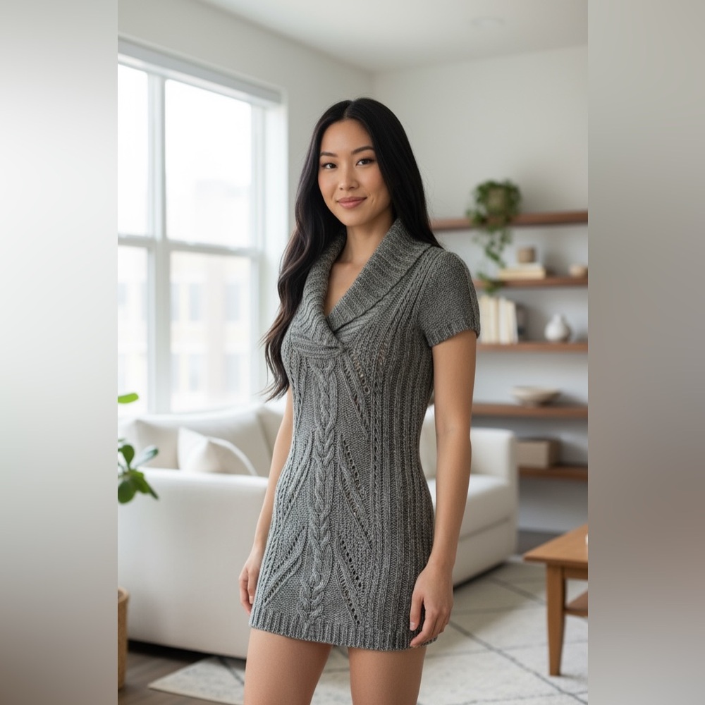 Heart & Crush - EC - Elegant Gray Cowl Neck Sweater Dress